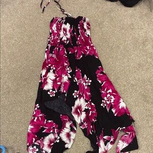 Black & Fuchsia Floral Handkerchief Hem Dress